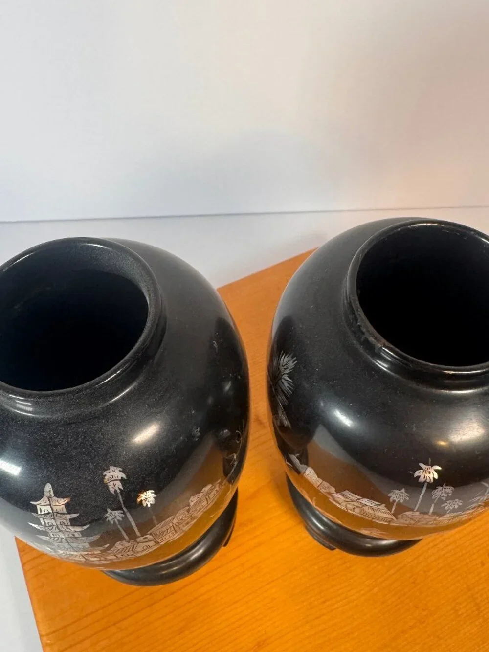 Vintage black lacquer vase/vessel with traditional East Asian-style inlay